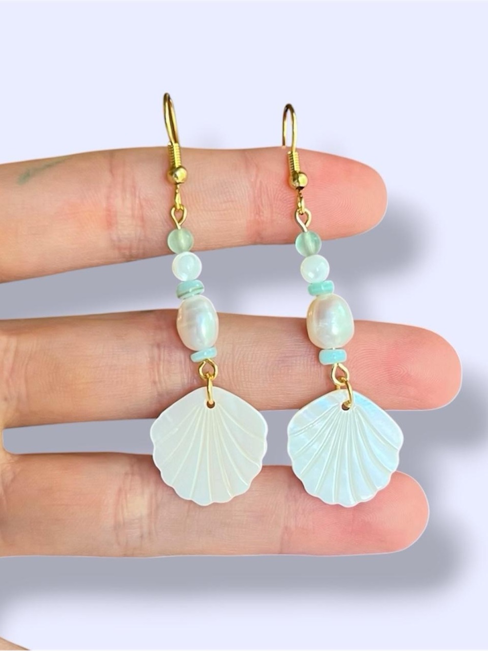 Handcrafted White Shell Drop Earrings with Gold Hooks